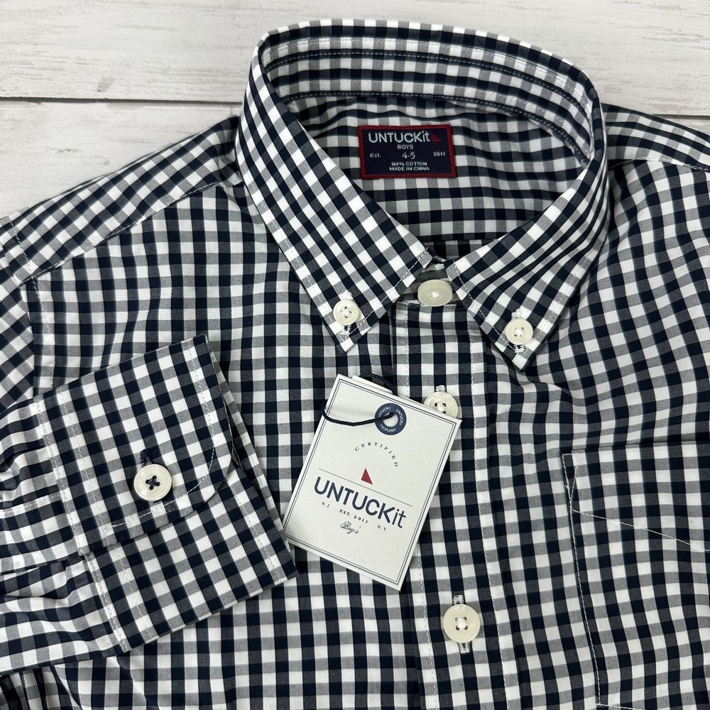 UNTUCKit Youth boys Size 4-5 long Sleeve button down Shirt blue check NWT School